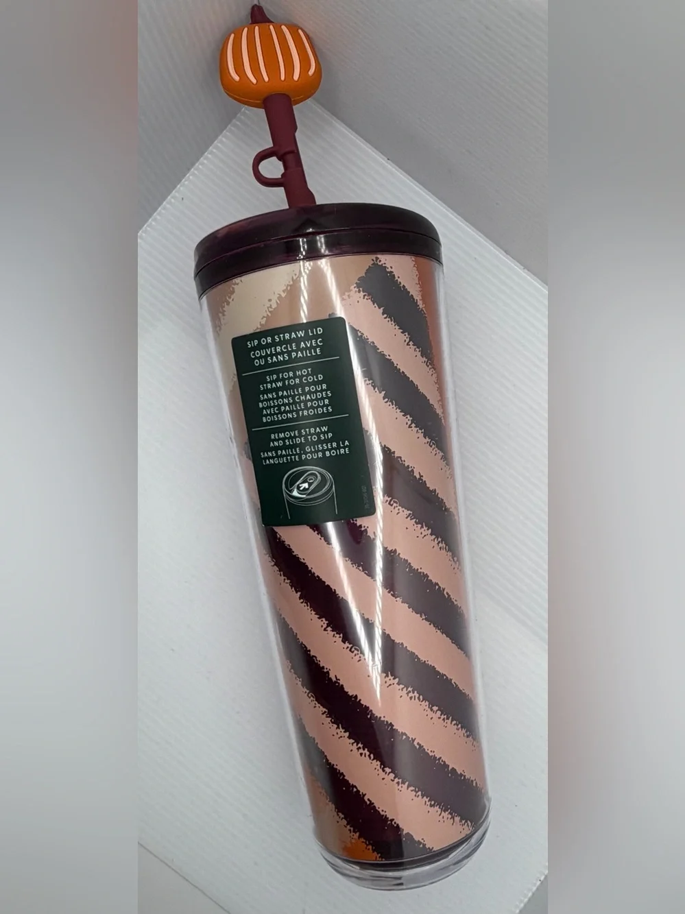 Starbucks Diagonal Striped Tumbler - Brown, Cream & Orange With Pumpkin Topper